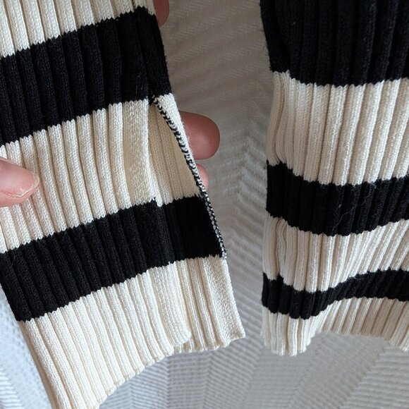 H&M Rib Knit Cropped Boat Neck Top Black and cream/off-white stripes Size Medium - Picture 6 of 7